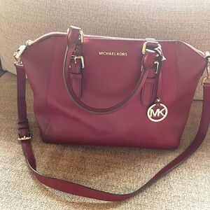 Michael Kors Wine Red Leather Satchel with Gold Hardware